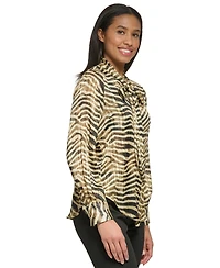 Dkny Petite Long-Sleeve Button Front Tie-Neck Top