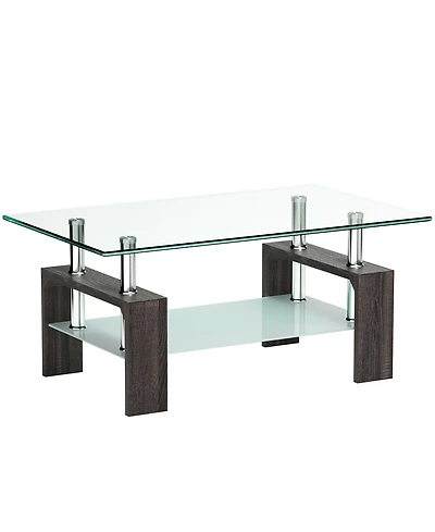 Rectangular Tempered Glass Coffee Table w/Shelf Wood
