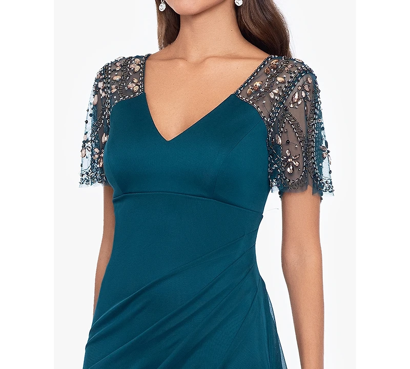Xscape Beaded-Sleeve Gown
