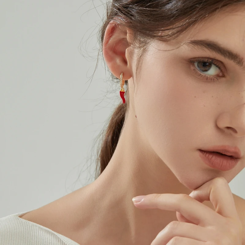 18K Gold Plated Freshwater Pearls with Red Hot Enamel Chili Pendant - Hot Chilli Earrings For Women