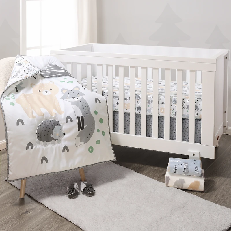 The Peanutshell Grey, Tan and Green Woodscape 5 Piece Crib Bedding Set for Baby Boys or Girls, Nursery Set with Blanket