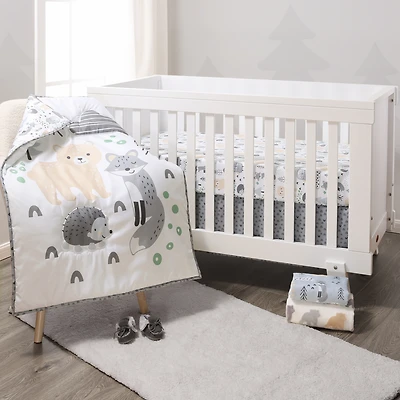 The Peanutshell Grey, Tan and Green Woodscape 5 Piece Crib Bedding Set for Baby Boys or Girls, Nursery Set with Blanket