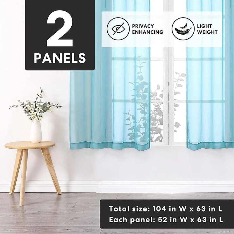 Goodgram Basics Turquoise Blue 2 Piece Rod Pocket Translucent Sheer Voile Window Curtain Panels For Small Windows - 45 In. Long