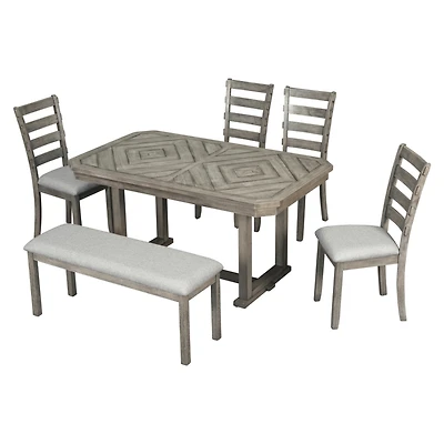 Simplie Fun 6-Piece Rubberwood Dining Table Set With Beautiful Wood Grain Pattern Table Top Solid Wood