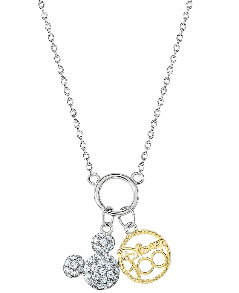 Disney Cubic Zirconia Mickey Mouse & Disney 100 Pendant Necklace 18" in Sterling Silver & 18k Gold-Plate
