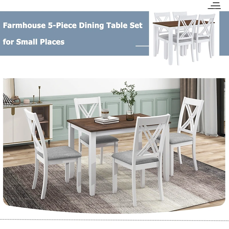 Simplie Fun Rustic Minimalist Wood 5-Piece Dining Table Set With 4 X-Back Chairs For Small Places