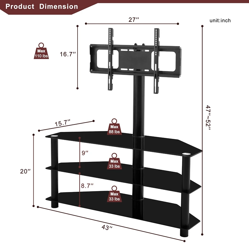 Streamdale Furniture Multi-Function Tv Stand Height Adjustable Bracket Swivel 3-Tier