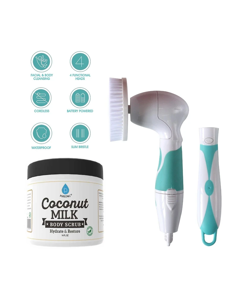 Pursonic Advanced Facial & Body Cleansing Brush With Extended Handle & Coconut Milk Body Scrub 14oz, with Dead Sea Salt, Almond Oil and Vitamin E