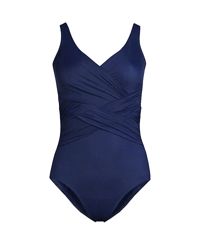 Lands' End Women's Ddd-Cup SlenderSuit Tummy Control V-neck Wrap One Piece Swimsuit