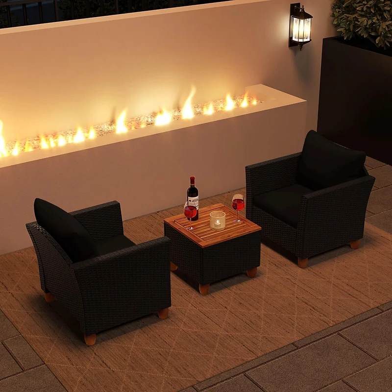 3PCS Patio Rattan Furniture Set Cushioned Sofa Storage Table with Wood Top