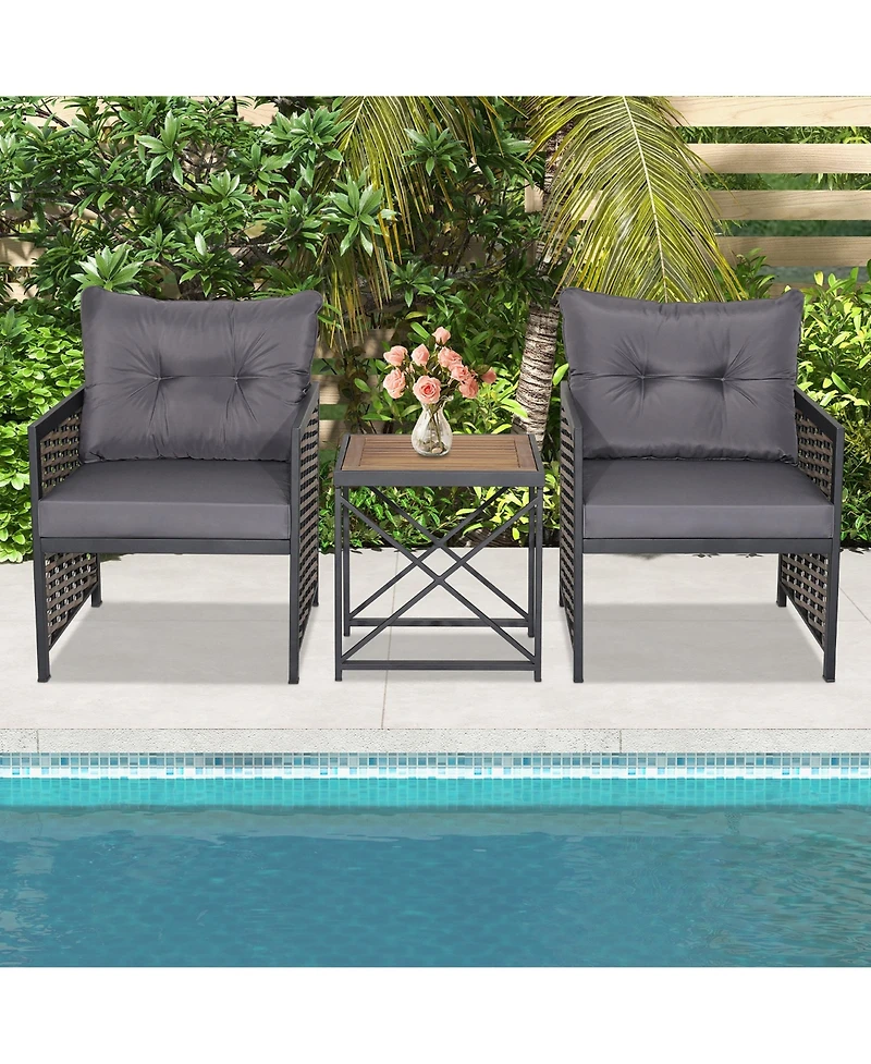 3 Pcs Patio Rattan Furniture Set Acacia Wood Coffee Table & 2 Chairs Backyard