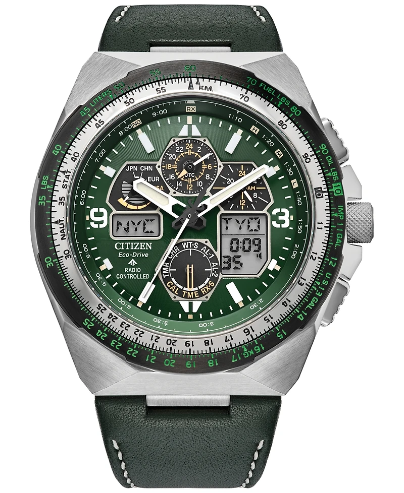 Citizen Eco-Drive Men's Chronograph Promaster Skyhawk Green Leather Strap Watch 46mm