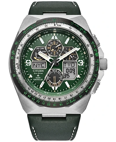 Citizen Eco-Drive Men's Chronograph Promaster Skyhawk Green Leather Strap Watch 46mm