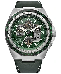 Citizen Eco-Drive Men's Chronograph Promaster Skyhawk Green Leather Strap Watch 46mm