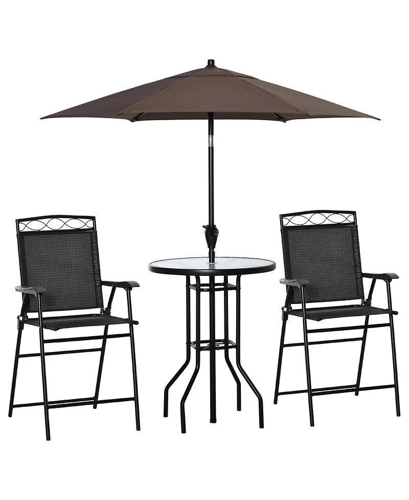 Outsunny 4 Piece Outdoor Patio Dining Furniture Set, 2 Folding Chairs, Adjustable Angle Umbrella, Wave Textured Tempered Glass Dinner Table
