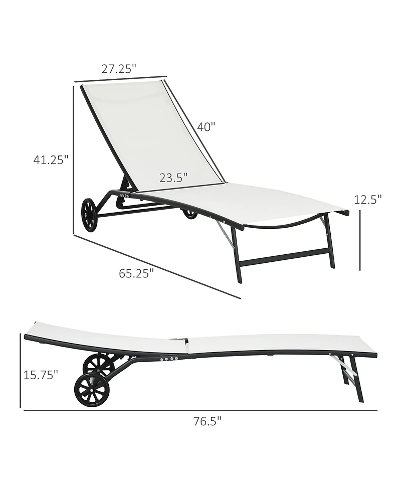 Outsunny Patio Chaise Lounge Chair Set of 2, 2 Piece Outdoor Recliner with Wheels, 5 Level Adjustable Backrest for Garden, Deck & Poolside, Cream Whit