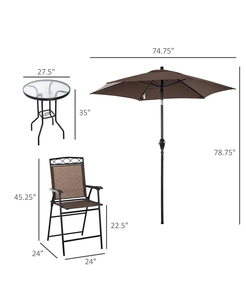 Outsunny 4 Piece Outdoor Patio Dining Furniture Set, 2 Folding Chairs, Adjustable Angle Umbrella, Wave Textured Tempered Glass Dinner Table
