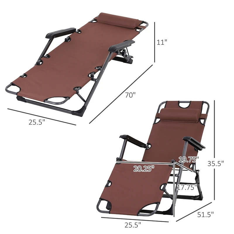 Outsunny 2-in-1 Folding Patio Lounge Chair w/ Pillow, Outdoor Portable Sun Lounger Reclining to 120°/180°, Oxford Fabric, Brown