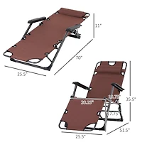Outsunny 2-in-1 Folding Patio Lounge Chair w/ Pillow, Outdoor Portable Sun Lounger Reclining to 120°/180°, Oxford Fabric, Brown