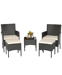 5PCS Patio Rattan Furniture Set Cushioned Sofa Ottoman Armrest Side Table Garden