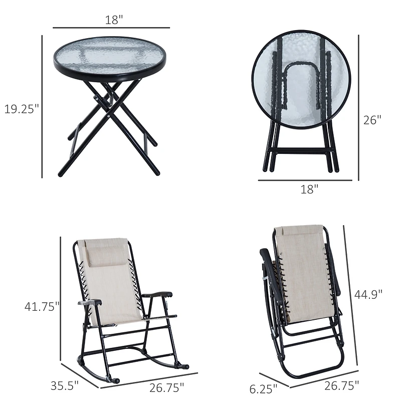 Outsunny 3 Piece Outdoor Rocking Bistro Set, Patio Folding Chair Table Set with Glass Coffee Table for Yard, Patio, Deck, Backyard, Cream White