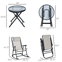 Outsunny 3 Piece Outdoor Rocking Bistro Set, Patio Folding Chair Table Set with Glass Coffee Table for Yard, Patio, Deck, Backyard, Cream White