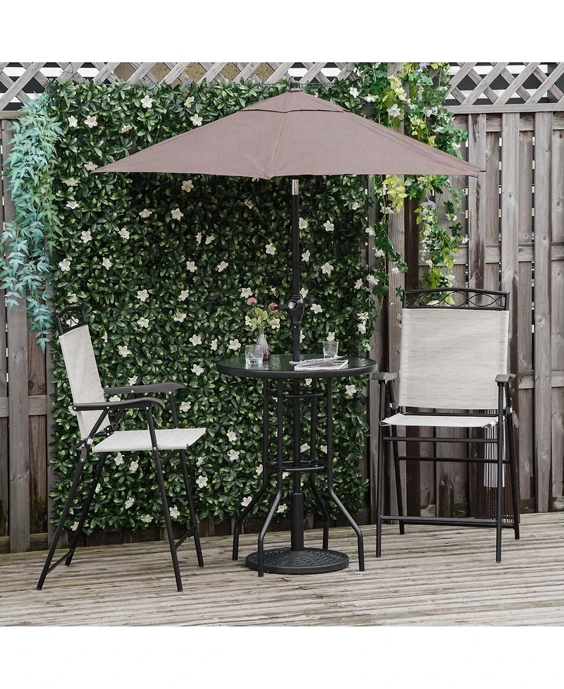 Outsunny 4 Piece Outdoor Patio Dining Furniture Set, 2 Folding Chairs, Adjustable Angle Umbrella, Wave Textured Tempered Glass Dinner Table