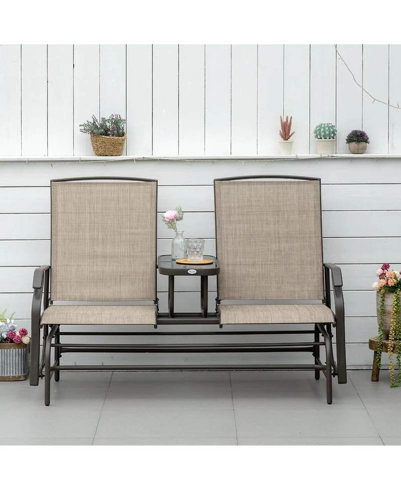 Outsunny 2-Person Outdoor Glider Bench w/ Center Table, Steel Frame for Backyard Garden Porch, Brown