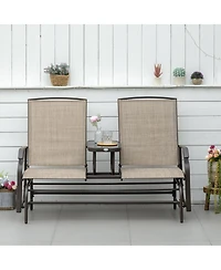 Outsunny 2-Person Outdoor Glider Bench w/ Center Table, Steel Frame for Backyard Garden Porch, Brown