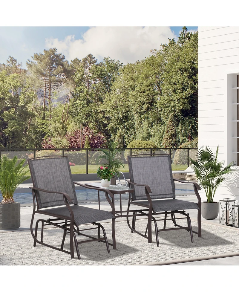 Outsunny Outdoor Glider Chairs with Coffee Table, Patio 2-Seat Rocking Chair Swing Loveseat with Breathable Sling for Backyard, Garden and Porch, Grey