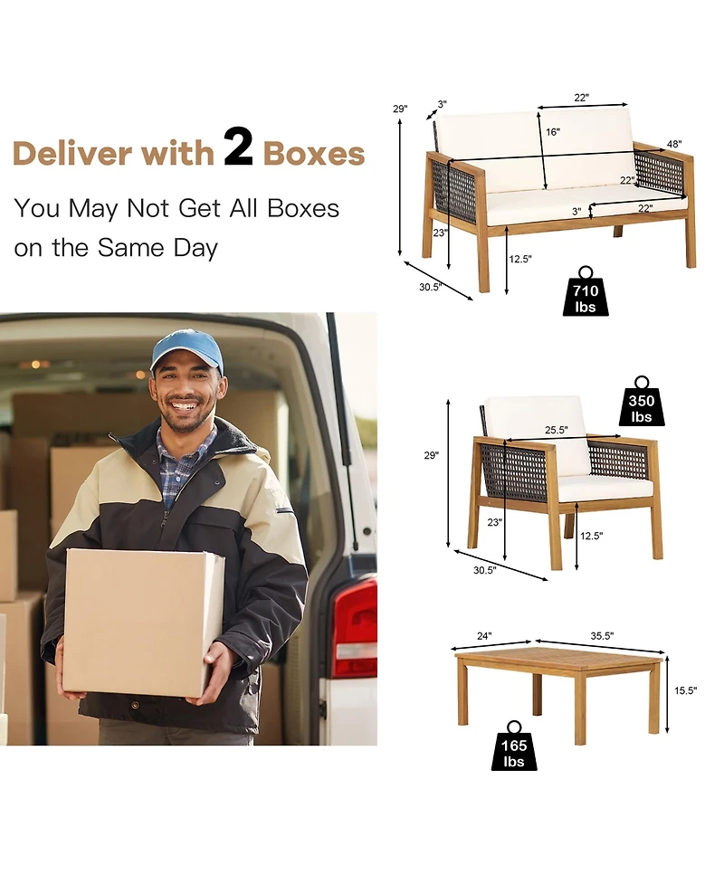 4PCS Patio Rattan Furniture Set Acacia Wood Cushioned Sofa