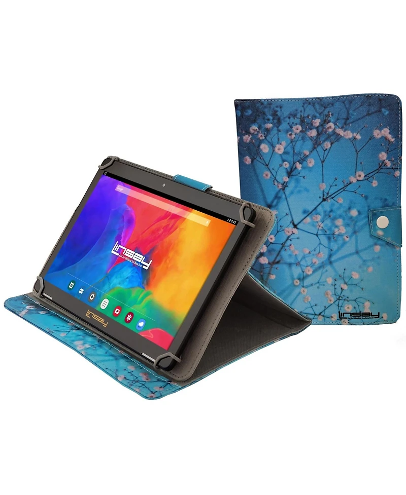 Linsay New 10.1" Tablet Octa Core 128GB Bundle with Spring Flowers Case Newest Android 14