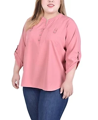 Ny Collection Plus 3/4 Tabbed Sleeve Y Neck Blouse