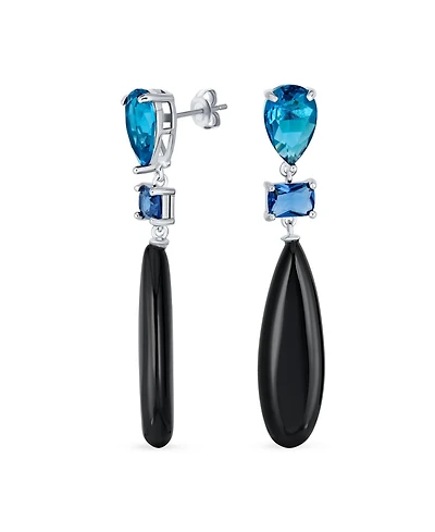 Bling Jewelry Linear Multi Color Black Onyx Blue Natural Turquoise Navy Sodalite Rose Quartz Chandelier Elongated Long Teardrop Dangling Earrings
