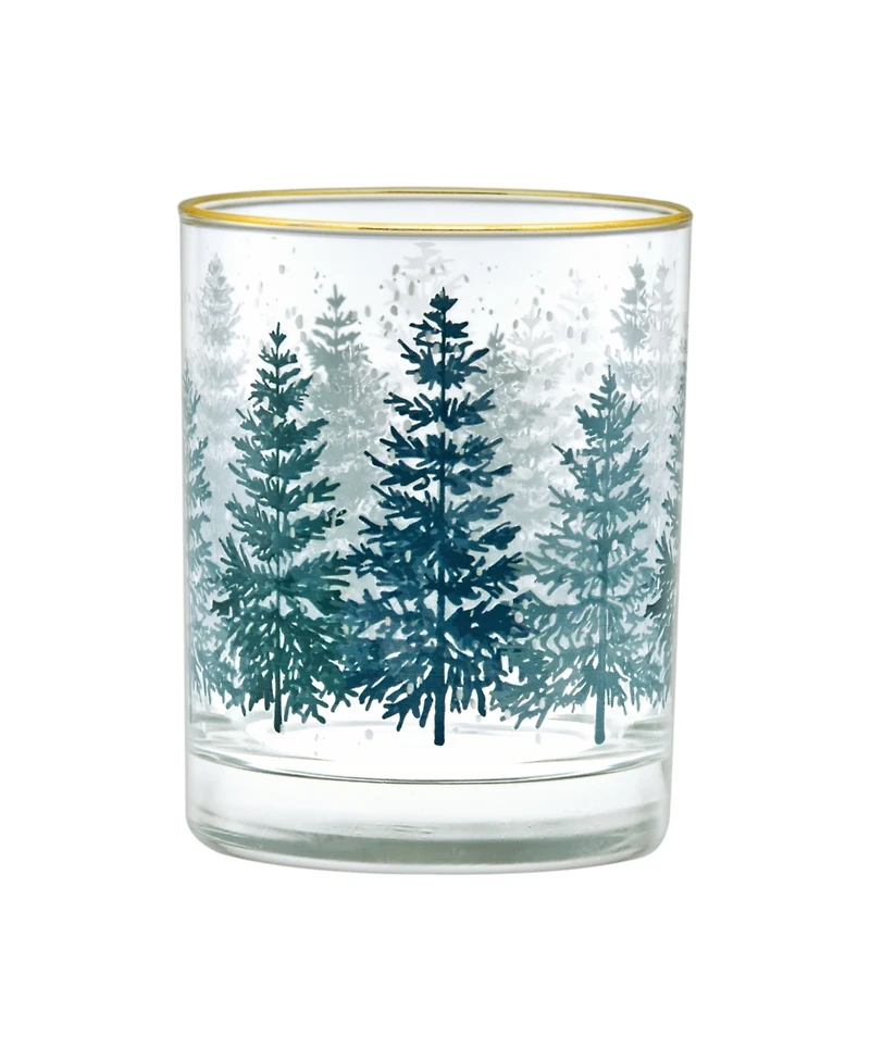Culver 14-Ounce 22 Carat Gold-Tone Rim Dof (Double Old Fashioned) Glass Set of 4 - Holiday Winter Pine Trees