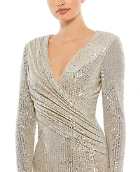 Mac Duggal Women's Ieena Sequined Long Sleeve Faux Wrap Ruched Gown