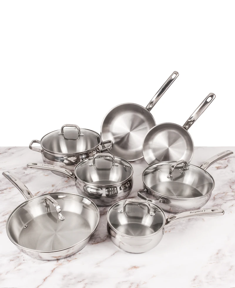 BergHOFF Belly Shape 12pc 18/10 Stainless Steel Cookware Set, Glass Lids