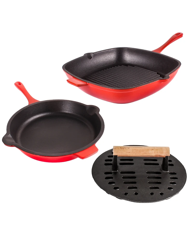 BergHOFF Neo Enameled Cast Iron 3 Piece 10" Fry Pan, 11" Grill Pan, and Slotted Steak Press Set