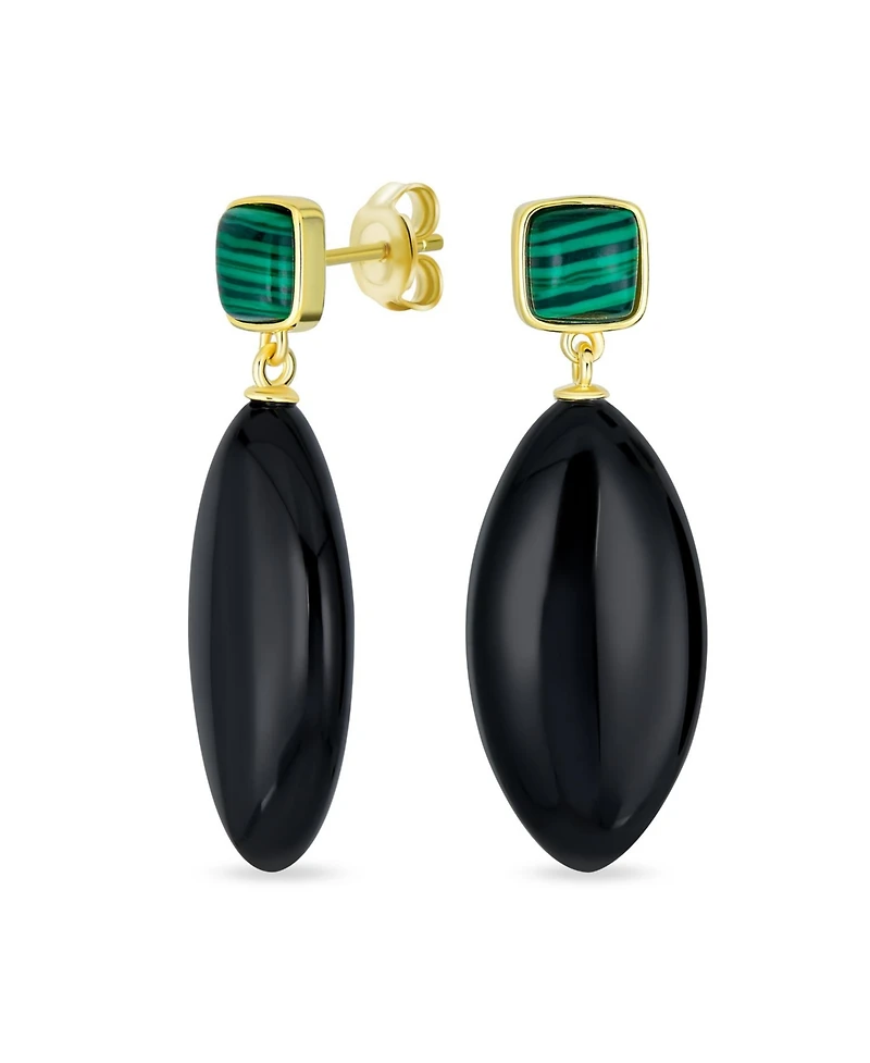 Bling Jewelry Unique Linear Malachite Black Natural Onyx Rhombus Shape Square Multi- Party Dangling Earrings in Gold Plated
