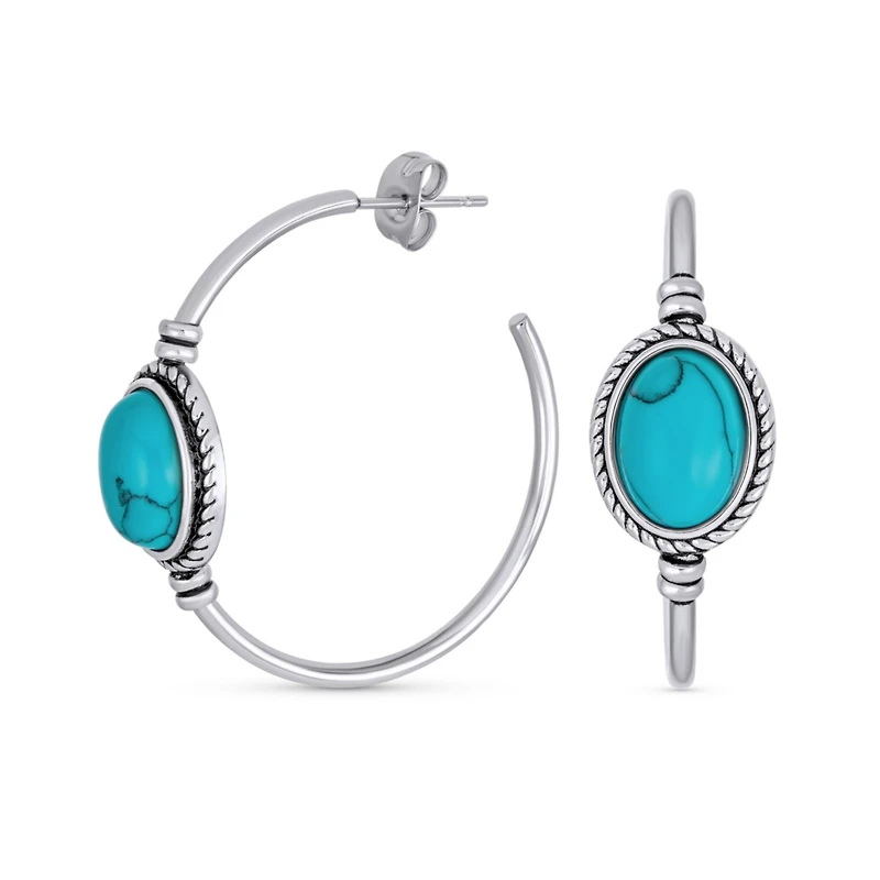 Bling Jewelry Western Style Oval Compressed Blue Synthetic Turquoise Braid Edge Twisted Rope Large Hoop Earrings Oxidized Stainless Steel 1.25 Inch Di