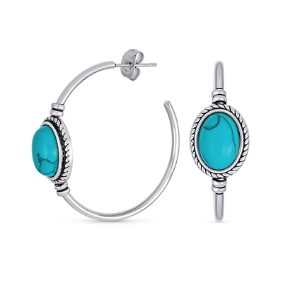 Bling Jewelry Western Style Oval Compressed Blue Synthetic Turquoise Braid Edge Twisted Rope Large Hoop Earrings Oxidized Stainless Steel 1.25 Inch Di