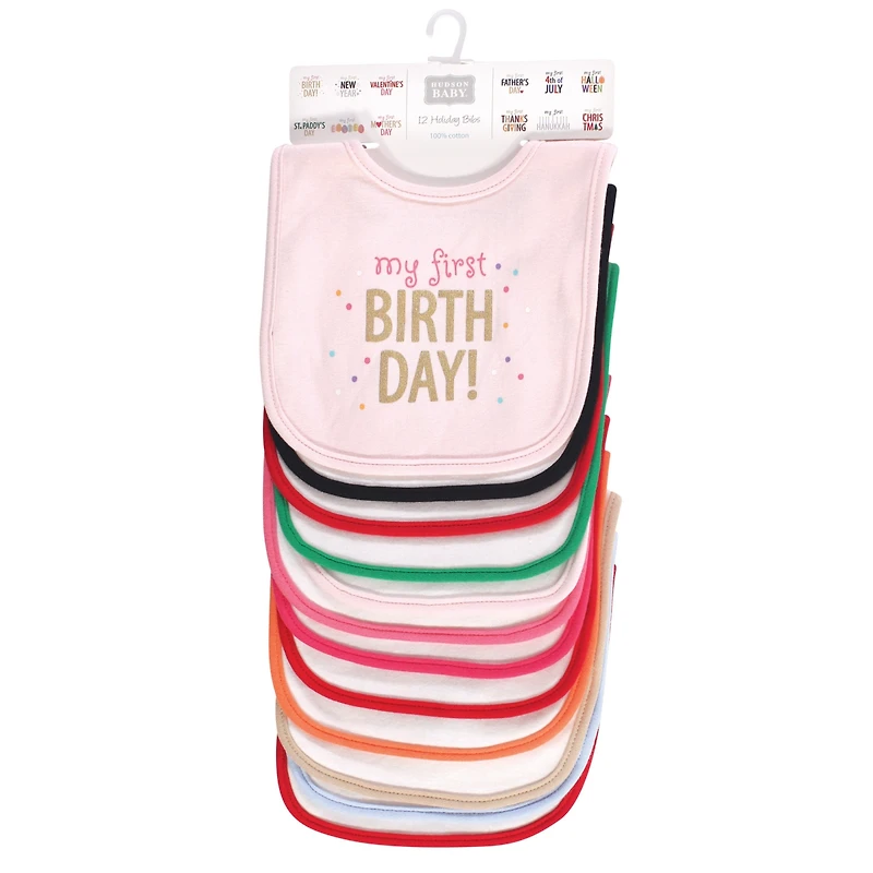 Hudson Baby Infant Girl Cotton Bibs 12pk, Holiday Bold Girl, One Size