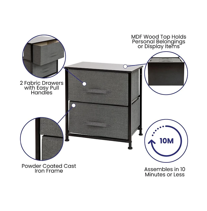 2 Drawer Storage Stand With Wood Top & Dark Fabric Pull Drawers