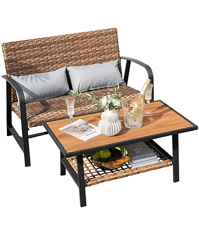 Costway 2 Pcs Patio Rattan Loveseat Coffee Table Set Padded Back & Seat Pillow w/Shelf