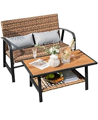 Costway 2 Pcs Patio Rattan Loveseat Coffee Table Set Padded Back & Seat Pillow w/Shelf