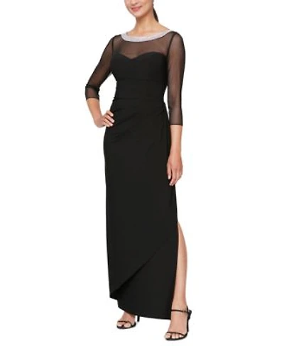 Alex Evenings Womens Embellished Neck Side Ruched Illusion Dress