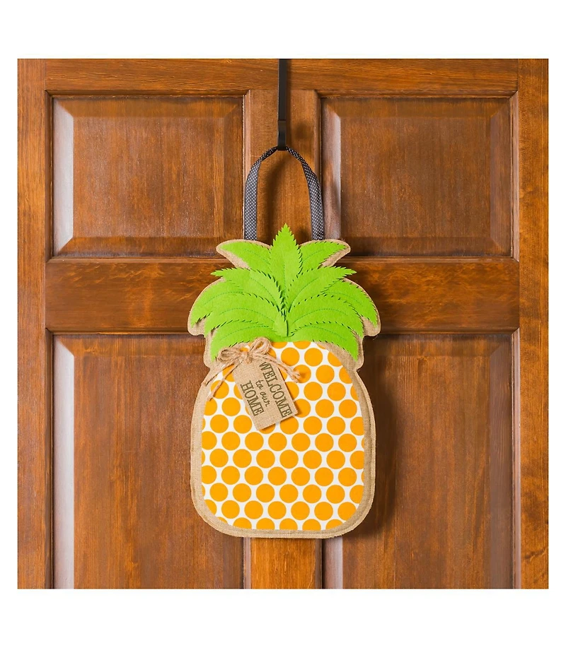 Evergreen Pineapple Greeting Burlap Door Decor, 11 x 17.5"H
