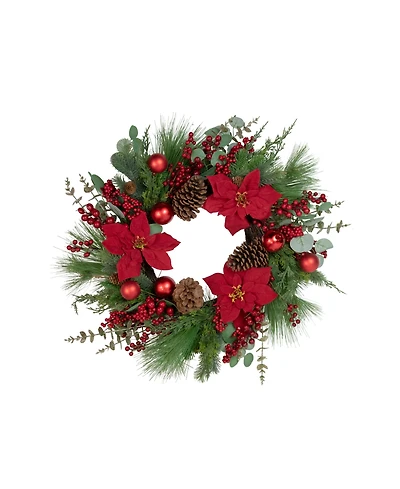 Artificial Berry and Poinsettia Christmas Wreath 28" Unlit