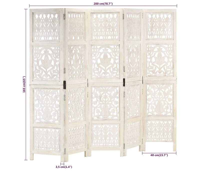 vidaXL Hand carved 5-Panel Room Divider White 78.7"x65" Solid Mango Wood