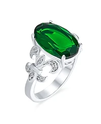 Bling Jewelry Fleur De Lis Pave Accent Cz Estate Large Oval Solitaire 7CT Cubic Zirconia Green Cocktail Statement Ring